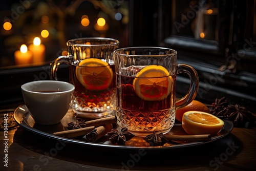 Side view of mulled wine in a glass. Cinnamon, anise, and orange create a cozy embrace. Table set in the dark, a winter night's grace. Aromatic blend