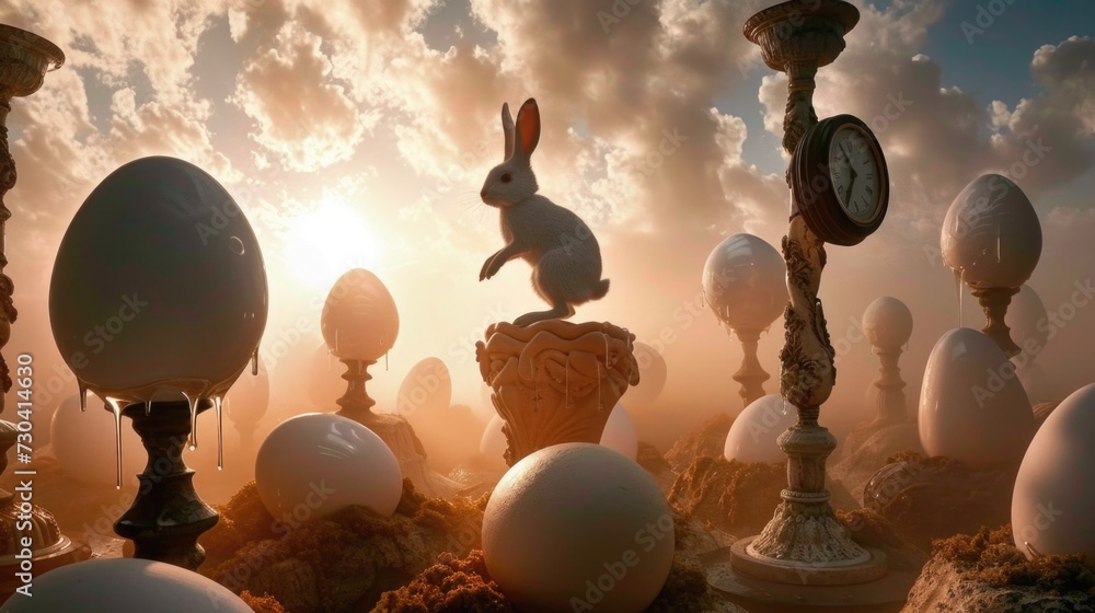 In a surreal monochromatic Easter background, a rabbit perches atop an egg, blending whimsy with simplicity in a captivating scene that evokes the magic of the holiday in a unique and enchanting way