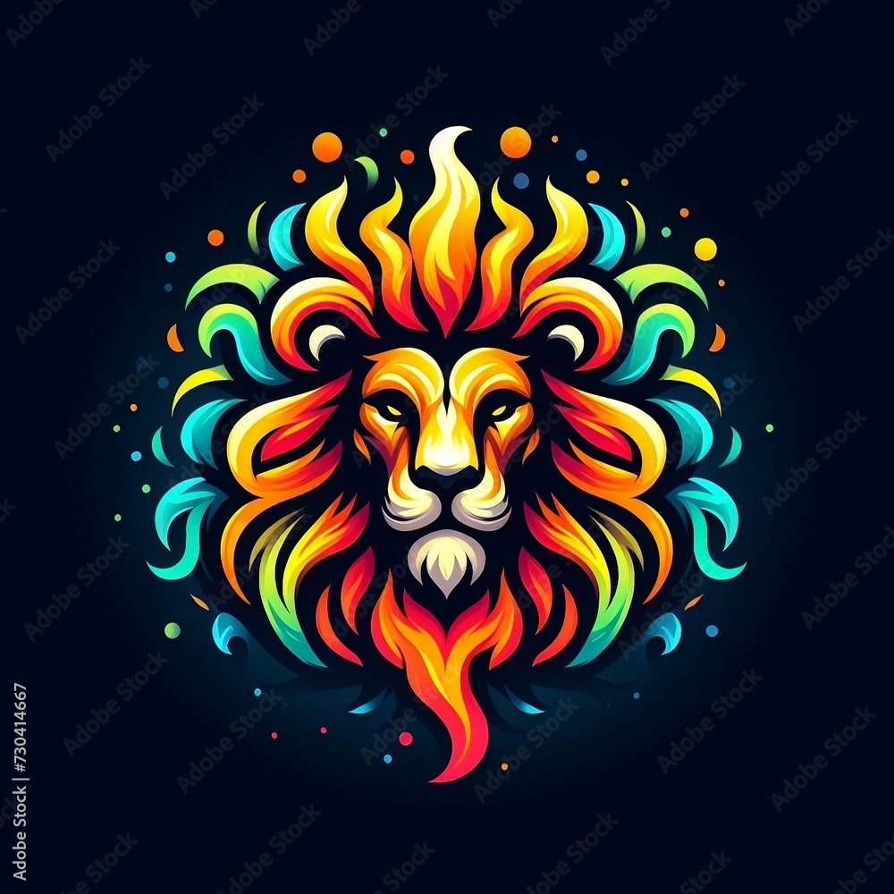 flames art vector logo illustration of a colorful lion in black Background design with space created with generative ai	