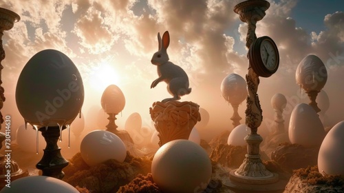 In a surreal monochromatic Easter background  a rabbit perches atop an egg  blending whimsy with simplicity in a captivating scene that evokes the magic of the holiday in a unique and enchanting way