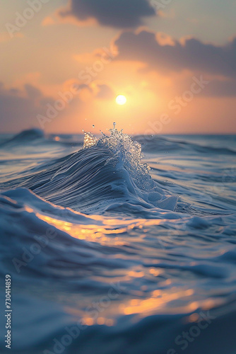 small lonely wave in the middle of the sea, award wining photo, soft warm tone palettes, in the style of ethereal illustrations, joyful celebration of nature, happy, presence of god