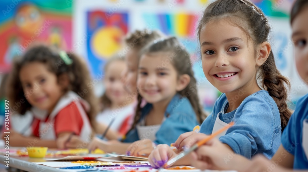 Fototapeta premium Joyful group of diverse children in art class painting picture. Happy school kids are doing creative project in classroom.