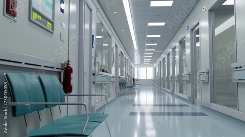 An empty hospital hallway with blue chairs