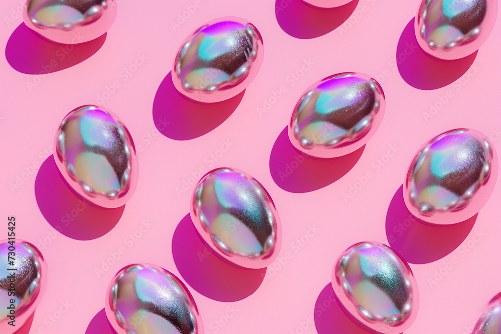 Modern abstract pattern made of iridescent metal eggs on a pastel pink background. Minimal Easter concept. Modern abstract pattern made of iridescent metal eggs on a pastel pink background. Minimal Easter concept.