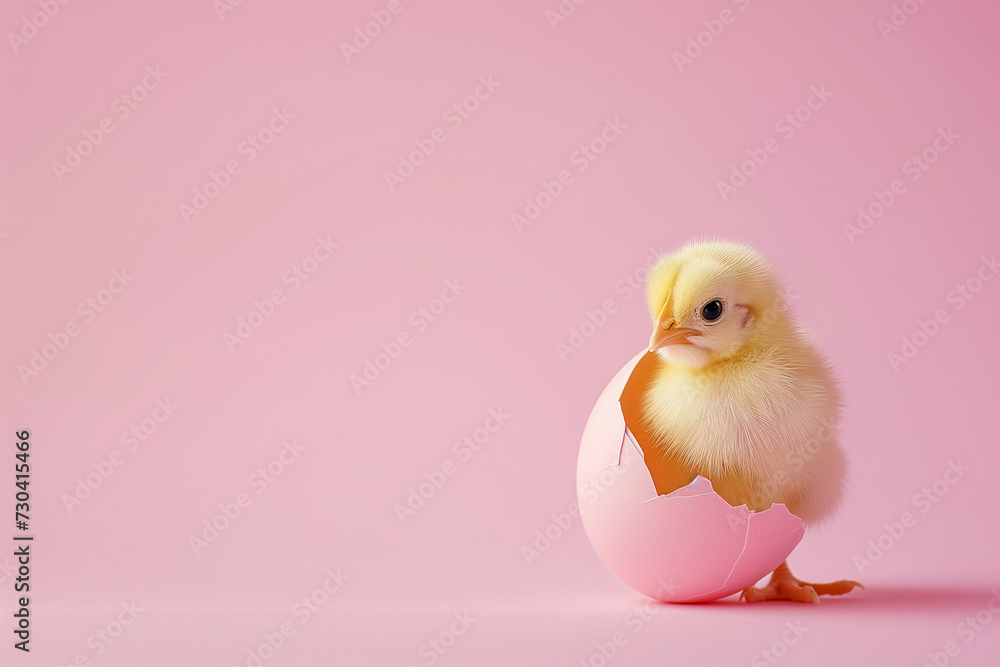 Sweet little chicken steping out of broken colored Easter egg on a pastel pink background. Minimal christian holiday composition with copy space.