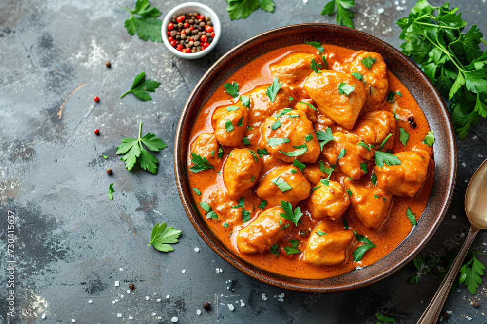 Butter chicken masala over rice garnished with fresh herbs on a wide bowl. Panoramic food presentation with a focus on Indian cuisine. Design for food photography, recipe blog, and menu Butter chicken masala over rice garnished with fresh herbs on a wide bowl. Panoramic food presentation with a focus on Indian cuisine. Design for food photography, recipe blog, and menu