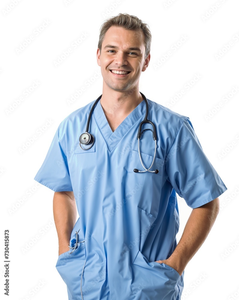 Cheerful Young Male Nurse in Cerulean Blue Scrubs with Stethoscope Cheerful Young Male Nurse in Cerulean Blue Scrubs with Stethoscope