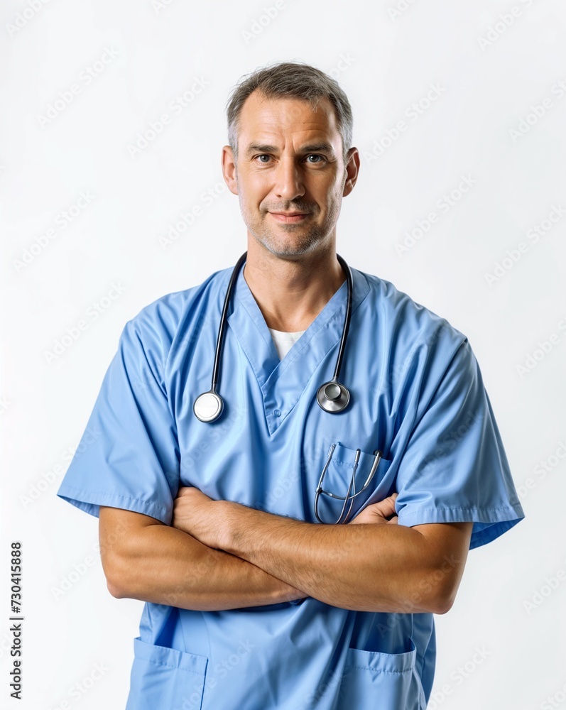 Smiling Male Nurse with Arms Crossed in Sky Blue Uniform Smiling Male Nurse with Arms Crossed in Sky Blue Uniform