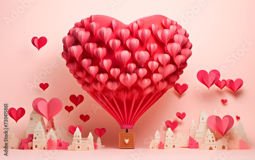 Valentine card with red hearts floats in the red balloon