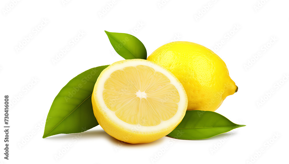 Lemon whole, half, slice, leaves isolated on white background. Lemon fruit with leaf isolate.