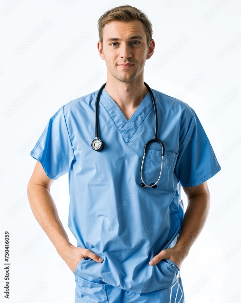 Confident Young Male Nurse Standing with Hands in Pockets in a Clinical Setting Confident Young Male Nurse Standing with Hands in Pockets in a Clinical Setting