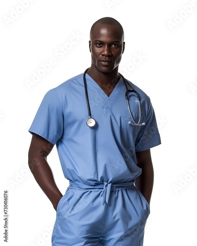 Professional African Male Nurse with Stethoscope Against White Background