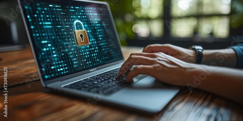 Digital Guardian: A Man Holds a Cybersecurity Lock Symbolizing Data Protection and Information Safety in the Digital World, Generative AI photo