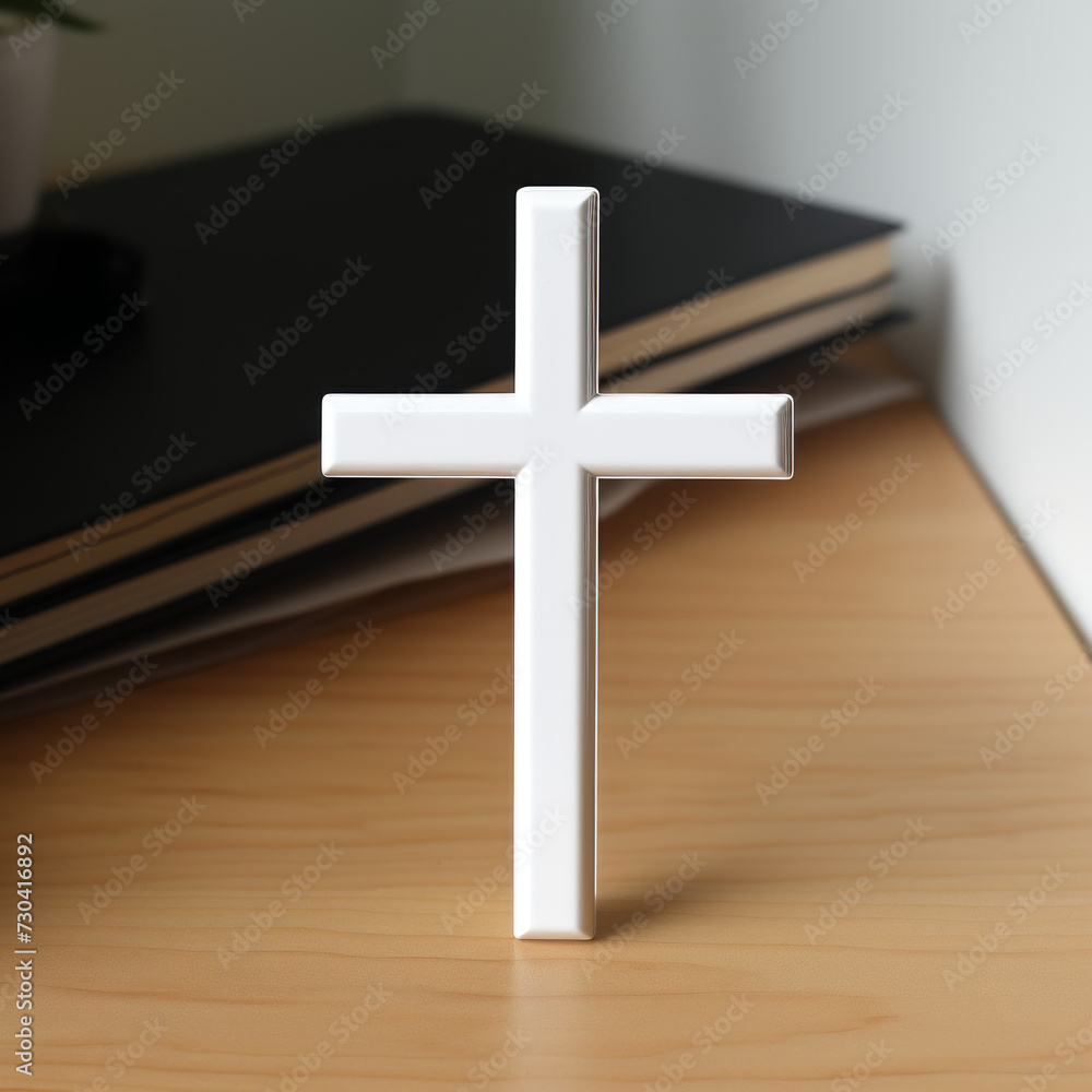 Modern White Cross on Wooden Desk with Books Background

