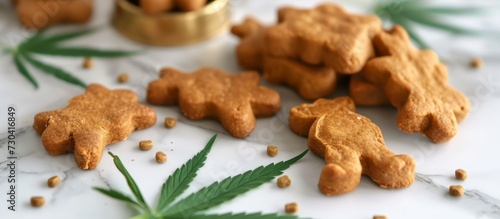 CBD-infused mini dog treats with cannabis leaf.