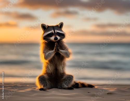raccoon practicing yoga on a beach at sunset. photo