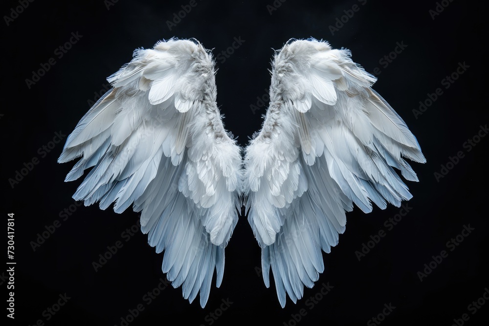 Fototapeta premium Angel wings isolated on the black background, fantasy feather wings for fashion design, cosplay and dress up party