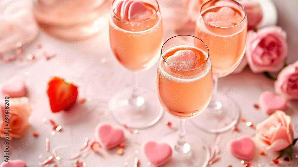 Three Glasses Of Pink Champagne Are On A Table With Roses And Heart Shaped Candies Three Glasses Of Pink Champagne Are On A Table With Roses And Heart Shaped Candies