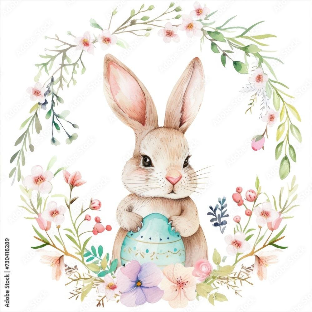 A watercolor painting of a bunny holding an easter egg