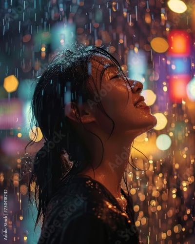 portrait of young beautiful woman with wet hair in the rain. Relief: a woman standing in a downpour, her face tilted upwards, eyes closed, and a genuine smile breaking through. 