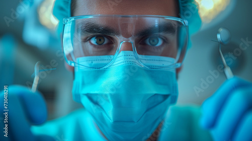 Surgeon in headgear, wearing mask, holds surgical instruments.