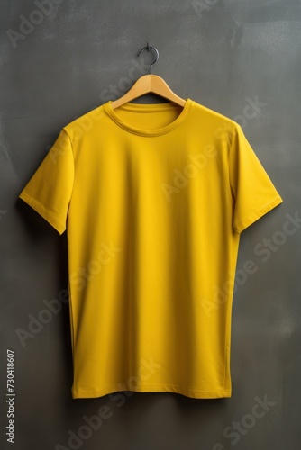 Yellow t shirt is seen against a gray wall