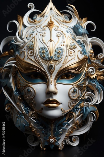 A stunning Venetian carnival mask adorned in white and gold colors, set against a striking black background