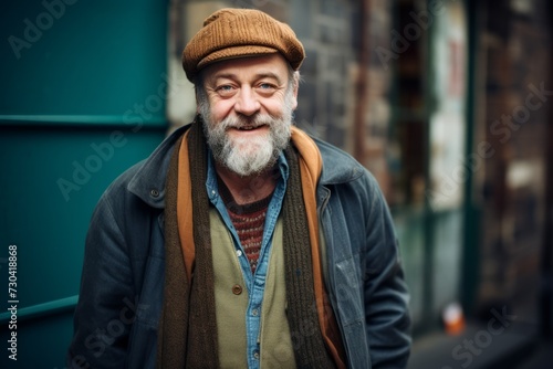 Portrait of a senior man with a beard in a hat on a city street.