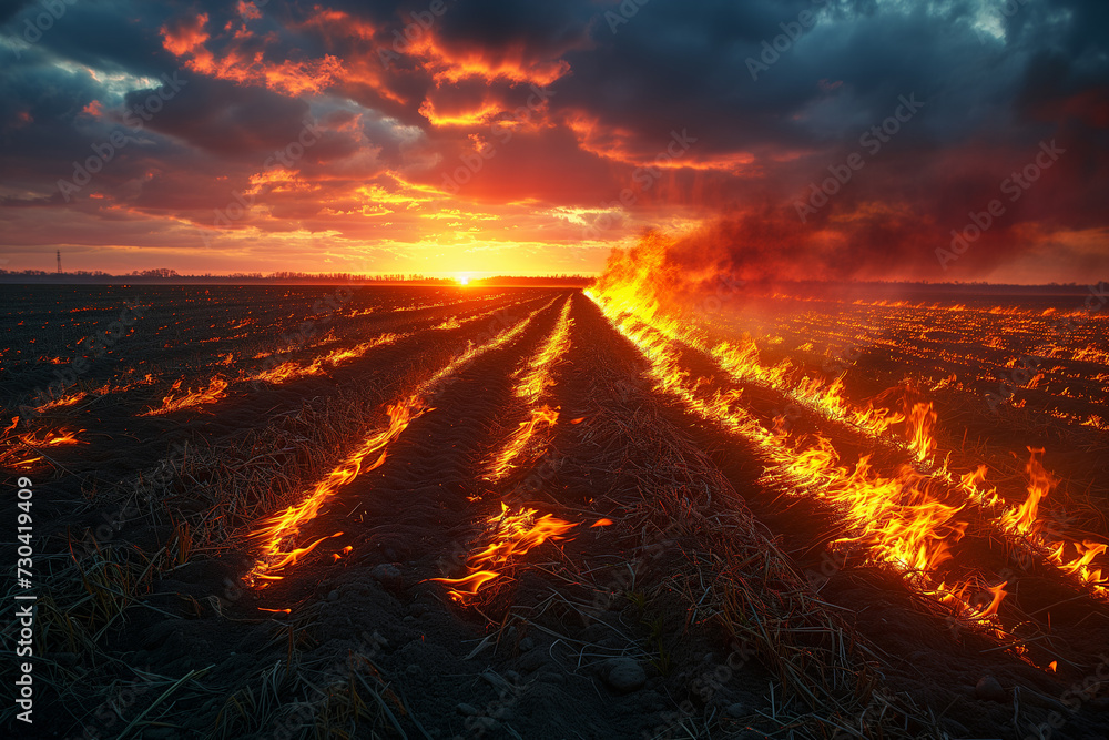 Burning fields as a result of long-term applications of chemical fertilizers that harm agriculture.