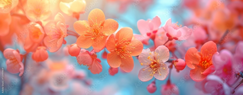 a branch with blooming pink spring flowers in nature. Romantic spring banner. Generative AI a branch with blooming pink spring flowers in nature. Romantic spring banner. Generative AI