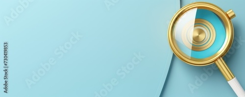 the golden magnifying glass on blue background