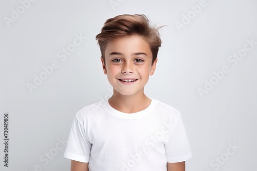 Portrait of a smiling little boy in white t-shirt.