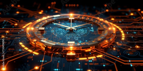 Chronometric Precision: A Futuristic Digital Clock Integrated with Glowing Neon Circuitry, Symbolizing the Intersection of Time and Technology, Generative AI © Ben