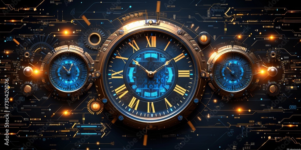 Chronometric Precision: A Futuristic Digital Clock Integrated with Glowing Neon Circuitry, Symbolizing the Intersection of Time and Technology, Generative AI