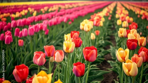 A vibrant tulip field texture background  showcasing rows of colorful tulips in bloom  symbolizing the arrival of spring and the beauty of renewal.
