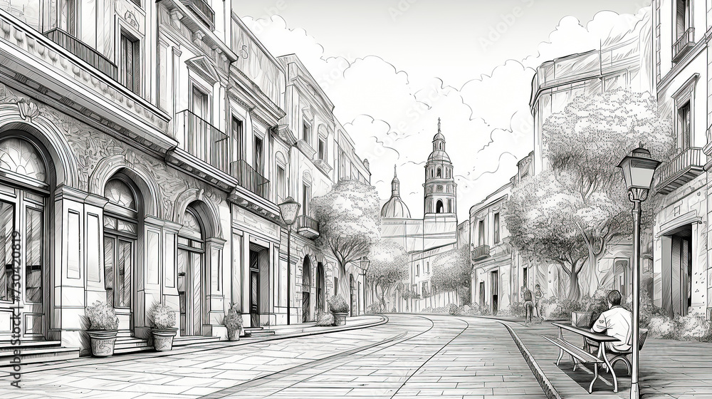A street in the old European town. Sketch illustration for coloring book.
