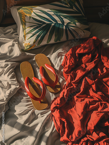 a set of  flip flops is laid out on top of a bed, in the style of bardcore, red, water and land fusion, hotel, travel, summer, travel vibe, footwear, summer slippers photo