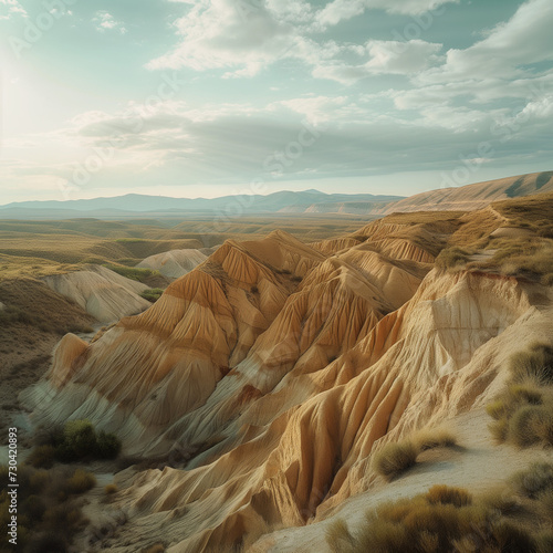 Serene Desert Landscape at Sunset with Rolling Hills and Textured Terrain