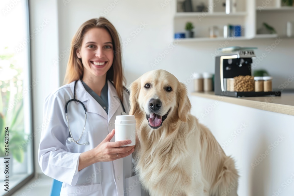 A friendly veterinarian holds a Labrador dog next to a white vitamin container, demonstrating pet health products..