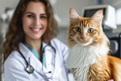 A cheerful veterinarian with a friendly smile holds an orange and white long-haired cat in a well-equipped vet office..