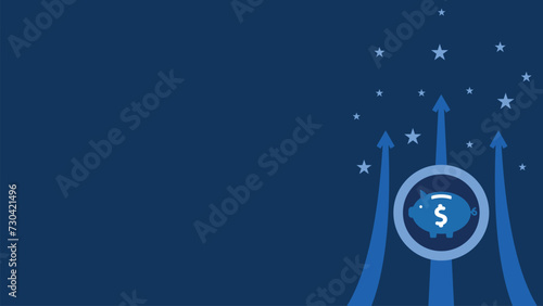 Financial growth concept vector banner design with rising arrow and dollar sign piggy bank icon on a dark blue background. Grow finance modern minimal poster.