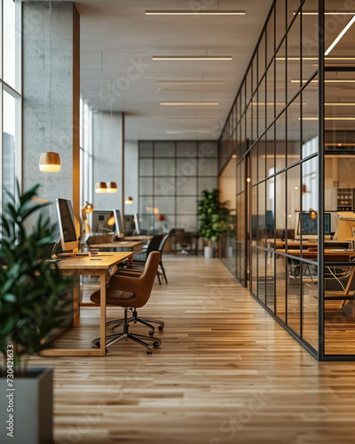 Empty modern bright open space business office with wooden furniture, computers, glass walls, plants is flooded with sunlight