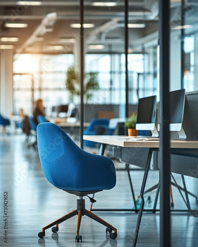 Empty workplace with blue chair, desk and computer in modern bright open space business office with glass walls, plants and large windows