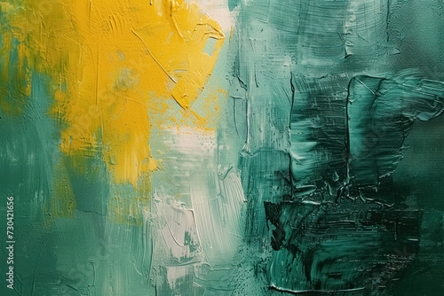 Textured oil painting on canvas, deep green and yellow acrylic paint strokes, spots and brushstrokes create with depth and movement