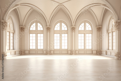 Large  empty  bright  sunny room with high ceilings and arched windows in Romanesque style  hall for ceremonial receptions in the castle