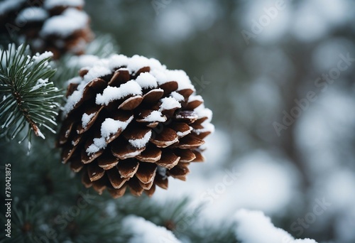 Pinecone with Snow and Copy Space Blurred background