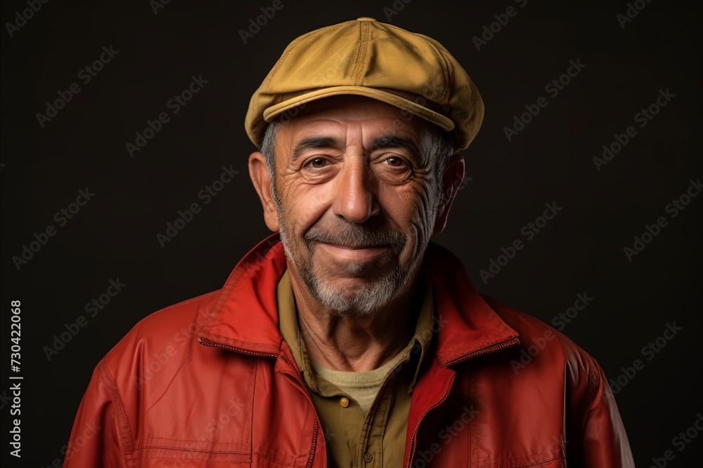 Portrait of a senior man wearing a cap and a red jacket. Portrait of a senior man wearing a cap and a red jacket.