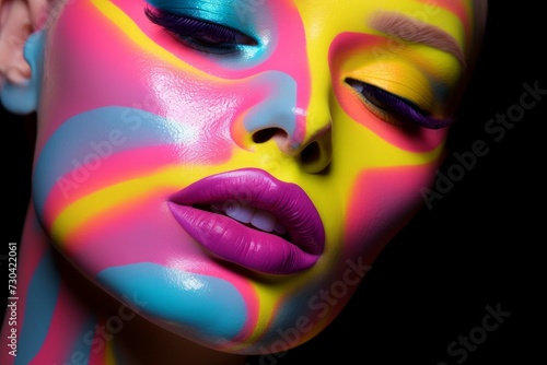 Vibrant Modern neon woman makeup. Face art studio normal creative. Generate Ai