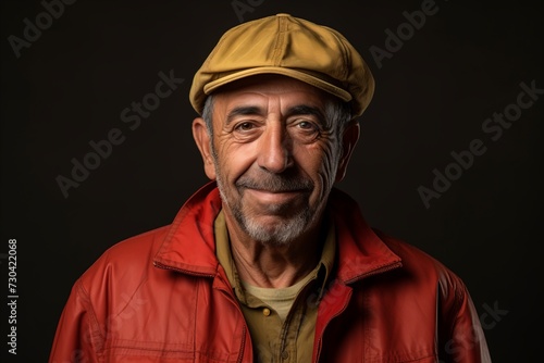 Portrait of a senior man wearing a cap and a red jacket.