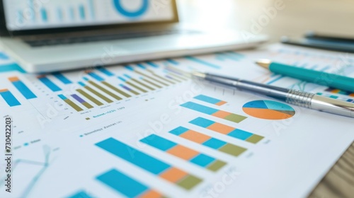 An array of business graphs and charts spread out on a table, vividly illustrating the concept of financial development